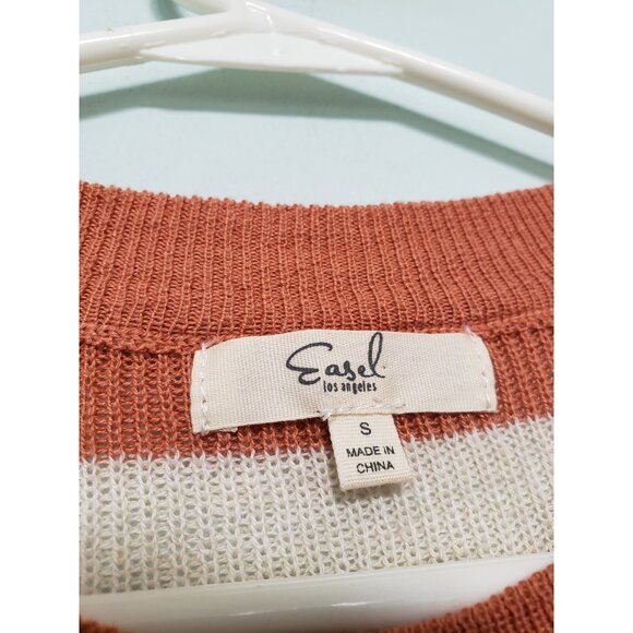 Easel Womens S Sweater Orange Tan Stripe Long Sleeve 100% Cotton Crew Neck Soft - Picture 5 of 6